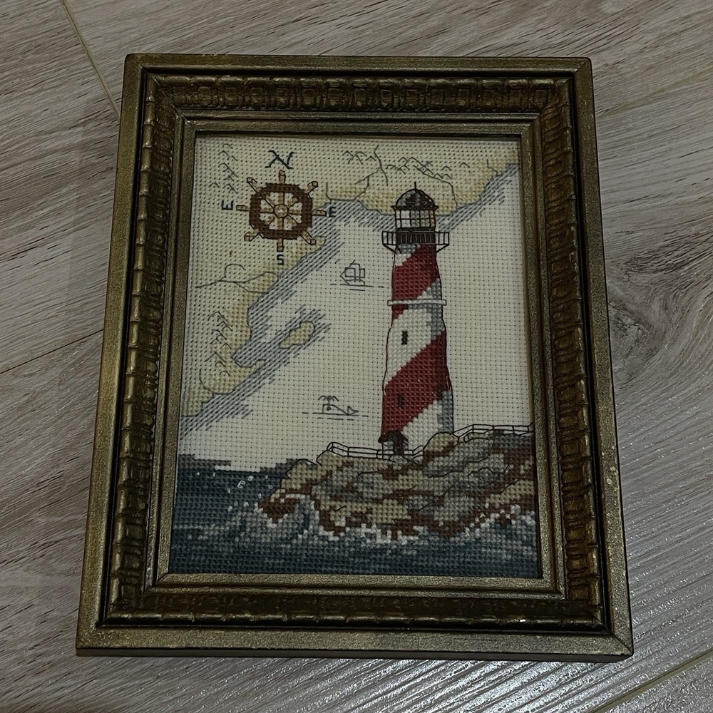 Framed Finished Cross Stitch Art Piece Lighthouse Map Coastal Nautical 9x7 - Picture 3 of 6